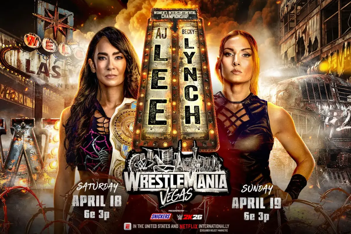 A WWE WrestleMania graphic featuring AJ Lee and Becky Lynch.