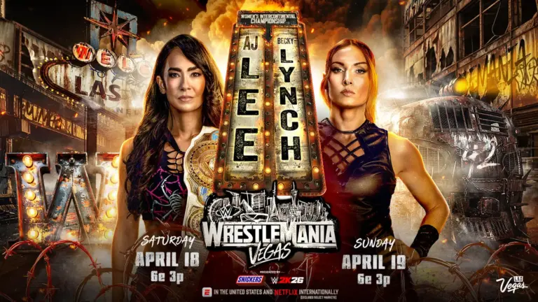 A WWE WrestleMania graphic featuring AJ Lee and Becky Lynch.