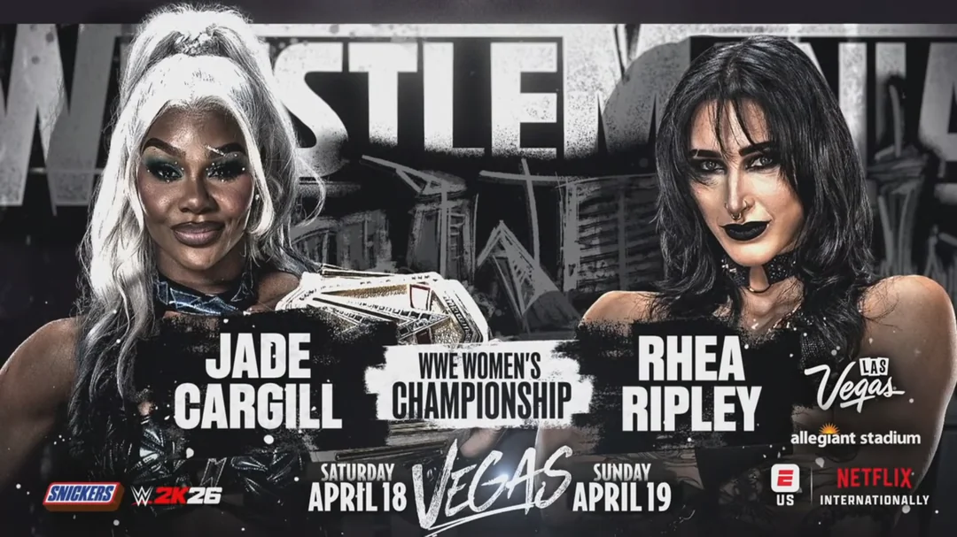 A WWE WrestleMania 42 graphic featuring Jade Cargill and Rhea Ripley.