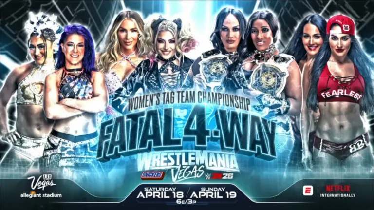 A WWE WrestleMania 42 graphic featuring four teams for the WWE Women's Tag Team Championship, which saw Paige return.
