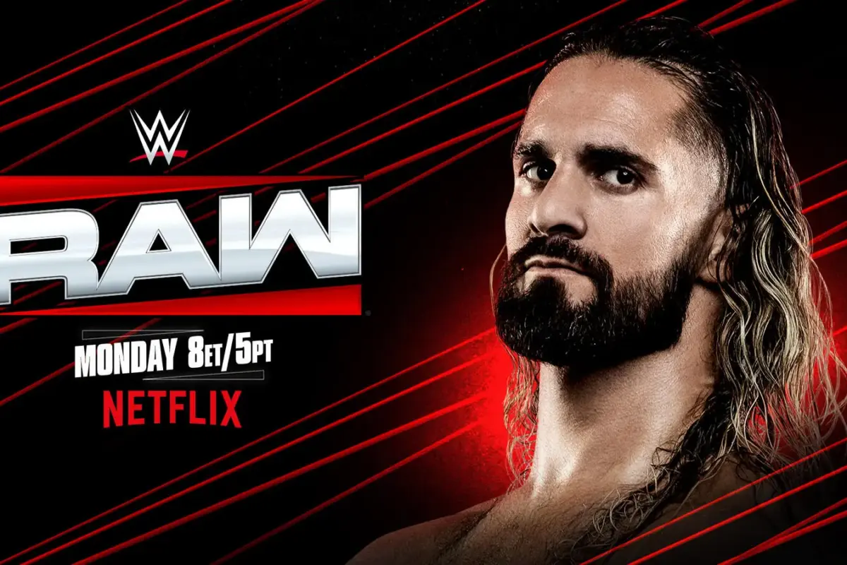 A WWE Raw graphic featuring Seth Rollins, who got attacked by Gunther.