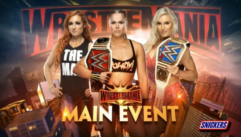 A graphic of historic WWE Women's Main Event at WrestleMania 35.