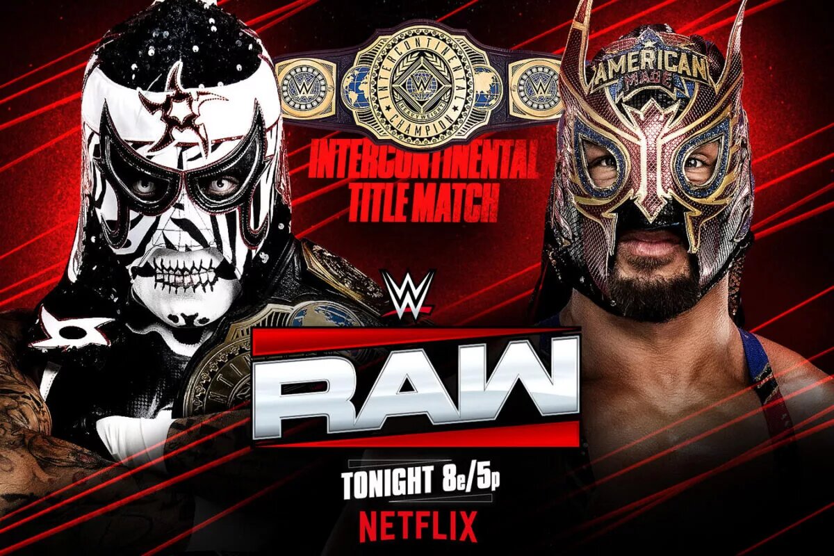 A graphic of WWE Raw featuring Intercontinental Champion Penta.