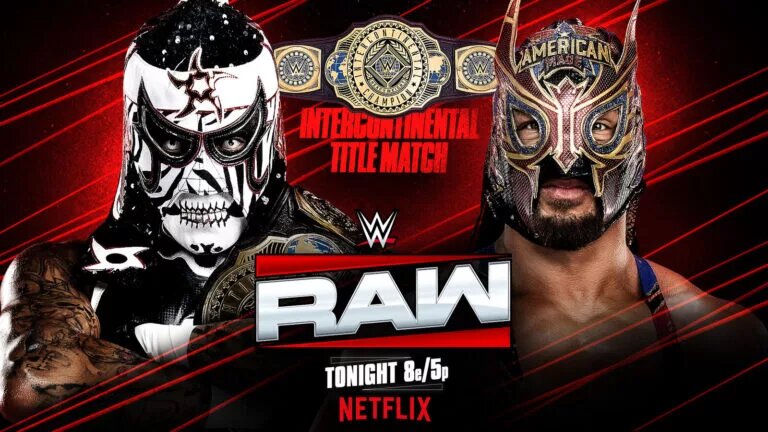 A graphic of WWE Raw featuring Intercontinental Champion Penta.