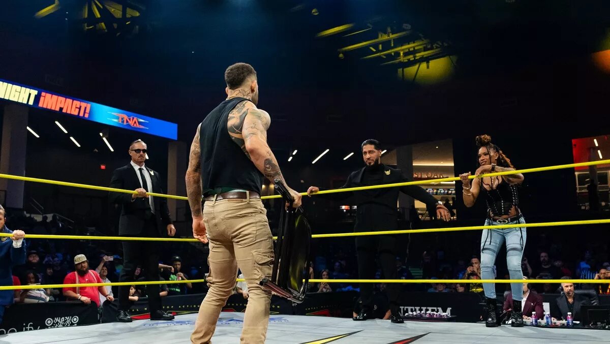 A graphic of TNA Thursday Night iMPACT episode of March 19, 2026. Trey Miguel came to Jada Stone's aid