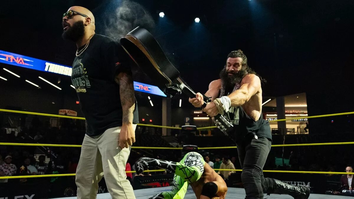 A graphic of TNA Thursday Night iMPACT episode of March 19, 2026. Elijah slammed a guitar on AJ Francis's back