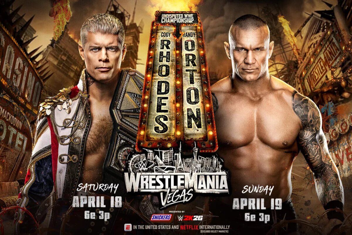 A WWE WrestleMania 42 graphic featuring Randy Orton and Cody Rhodes.