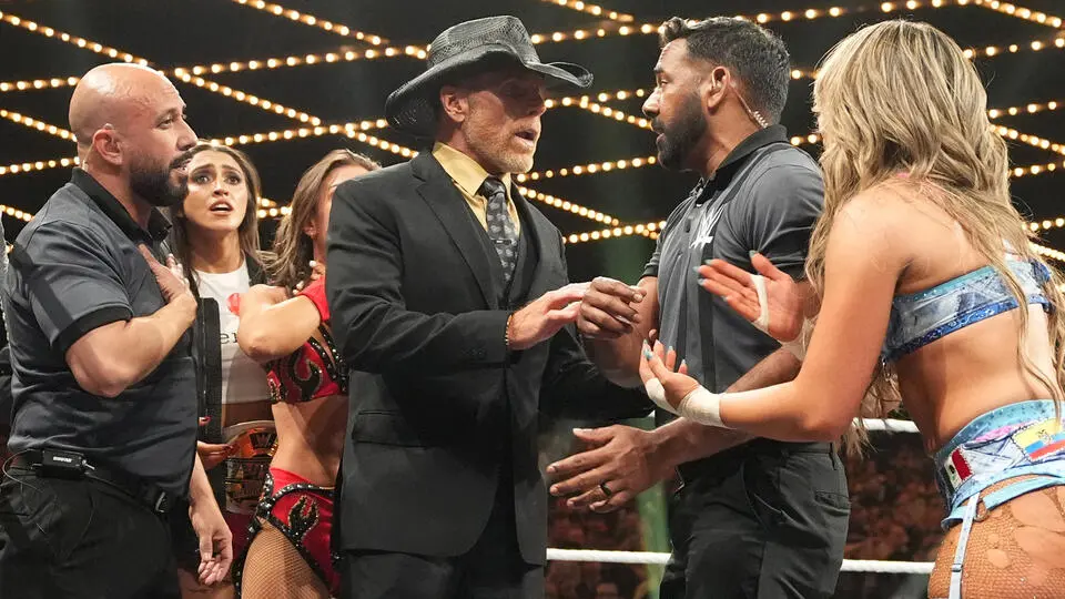 A graphic of the chaotic end of the Lola Vice vs Kendal Grey match on the March 31, 2026, episode of NXT