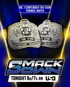 A WWE SmackDown graphic featuring the tag team turmoil for the WWE Tag Team Championship.