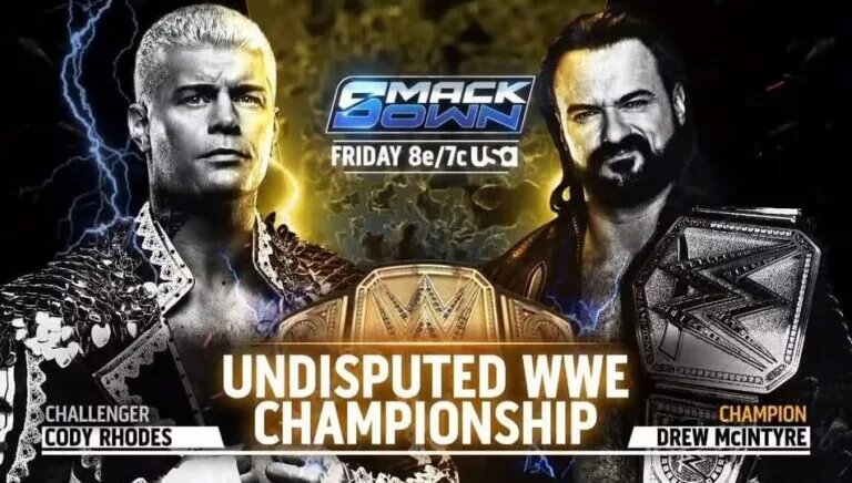 A graphic of the match between Drew McIntyre and Cody Rhodes on SmackDown on March 6, 2026