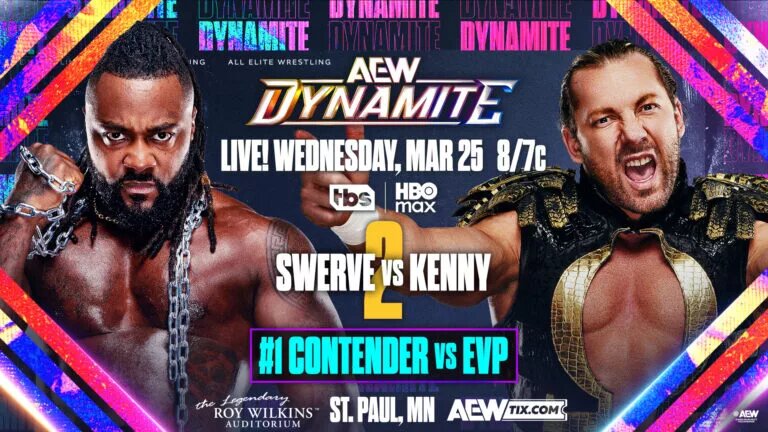 An AEW Dynamite March 25, 2026 graphic. Serve Strickland will face Kenny Omega