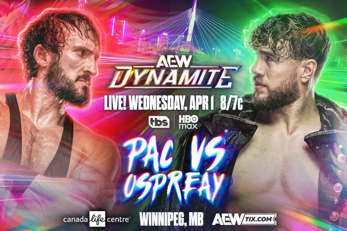 A graphic of the AEW Dynamite preview of April 1st, 2026. PAC faces Will Ospreay