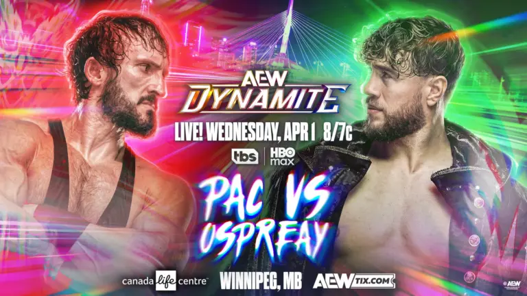 A graphic of the AEW Dynamite preview of April 1st, 2026. PAC faces Will Ospreay
