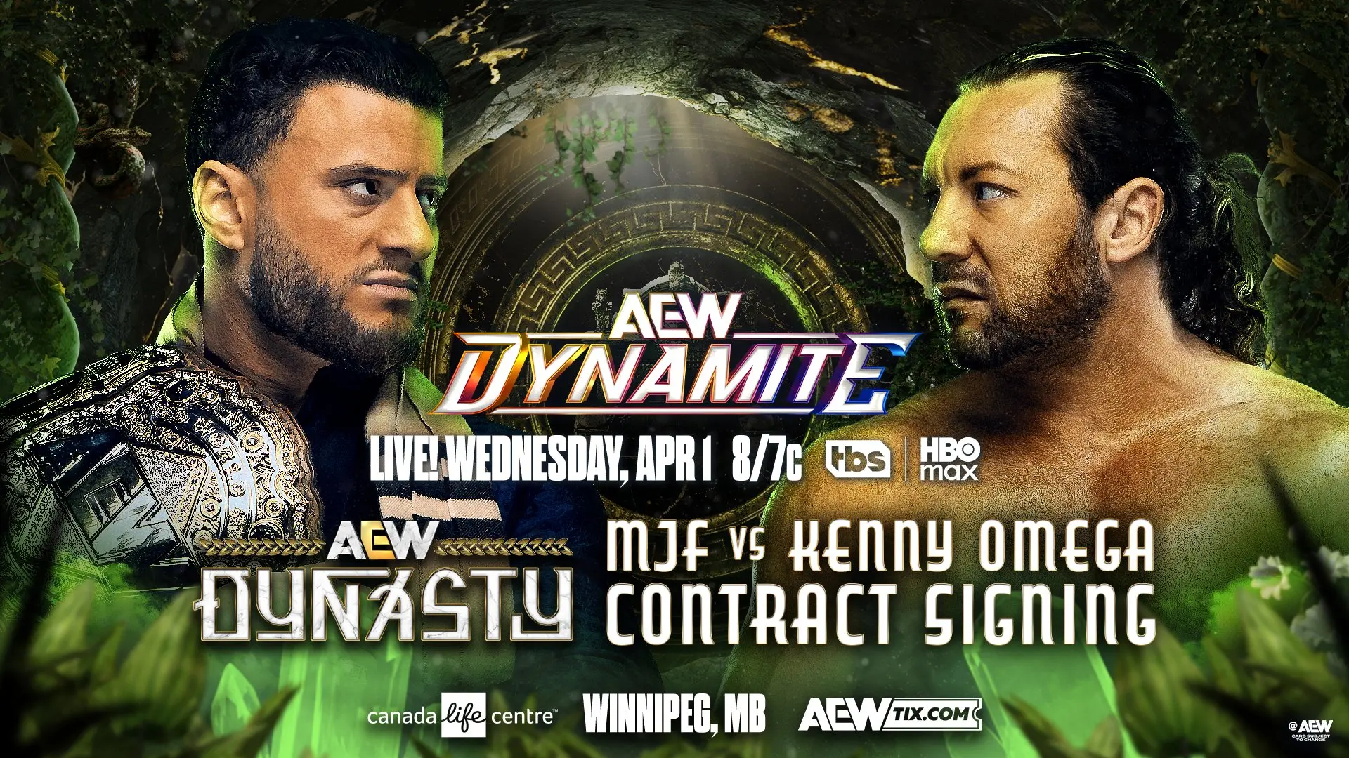 A graphic of the AEW Dynamite preview of April 1st, 2026. MJF and Kenny Omega contract signing for AEW Dynasty