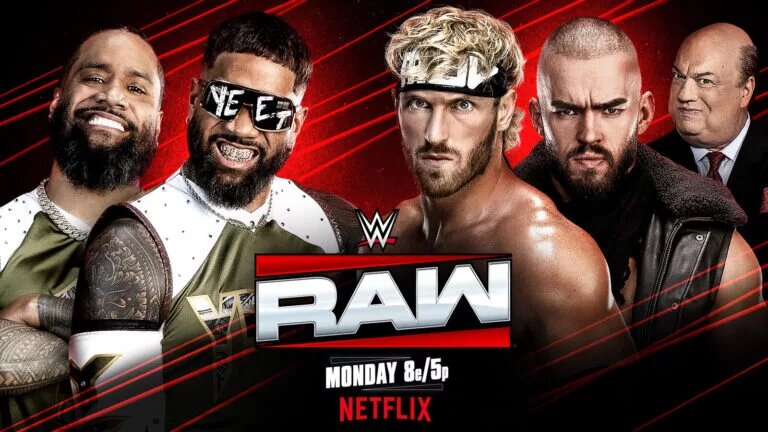 A WWE Raw graphic featuring The Vision, Logan Paul, who iShowSpeed helped to win the World Tag Team Championships.