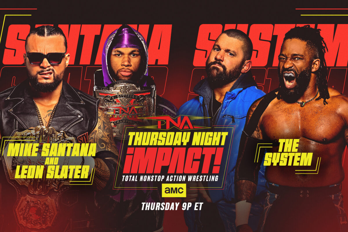 A graphic of Thursday Night iMPACT preview. On March 26, 26, Mike Santana and Leon Slater face The System