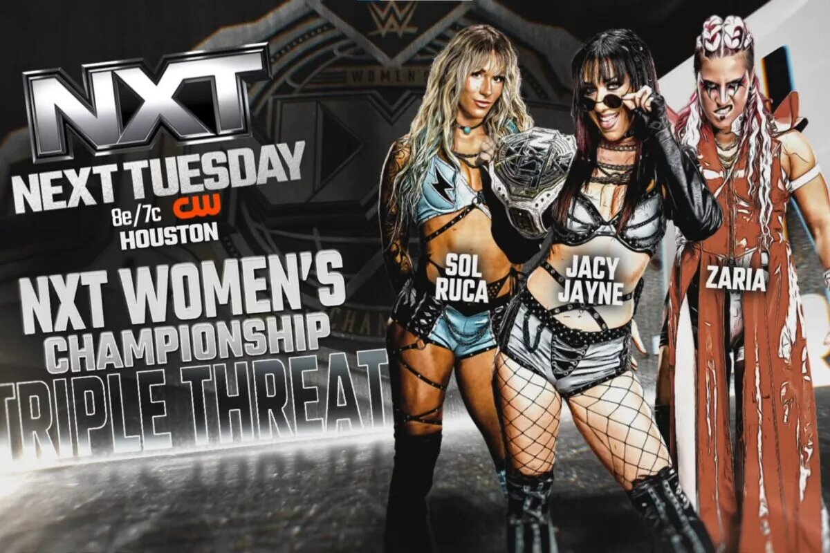 WWE NXT Graphic for the NXT Women's Championship of Jacy Jayne vs. Zaria vs. Sol Ruca