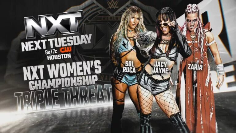 WWE NXT Graphic for the NXT Women's Championship of Jacy Jayne vs. Zaria vs. Sol Ruca