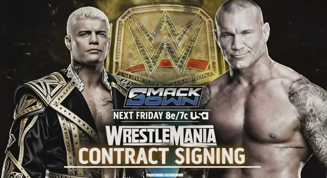 A WWE SmackDown preview graphic for March 16, 2026 featuring Randy Orton who turned heel and Cody Rhodes.