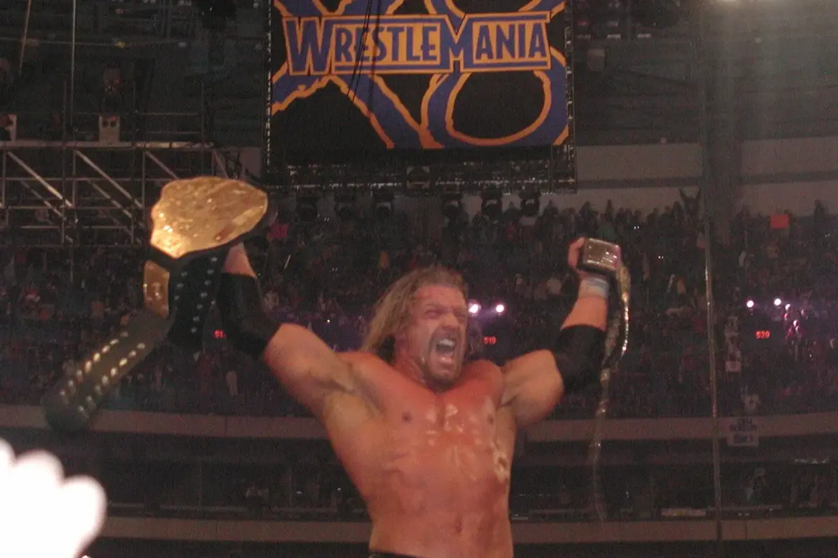 A photo of Triple H, who turned heel, at WWE WrestleMania XV.