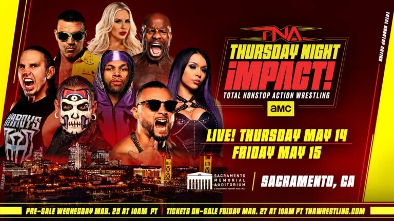 A graphic of TNA Wrestling coming to Sacramento on May 14 and 15