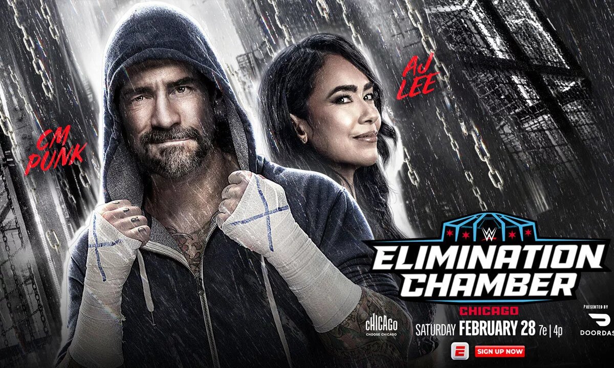 A WWE Elimination Chamber 2026 in Chicago poster featuring AJ Lee and Becky Lynch.
