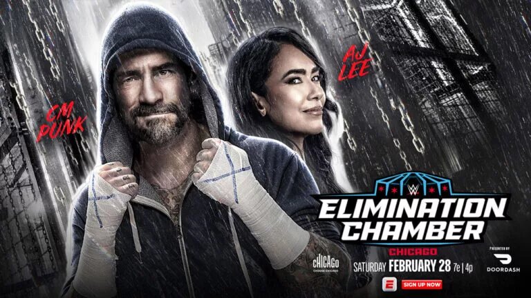 A WWE Elimination Chamber 2026 in Chicago poster featuring AJ Lee and Becky Lynch.