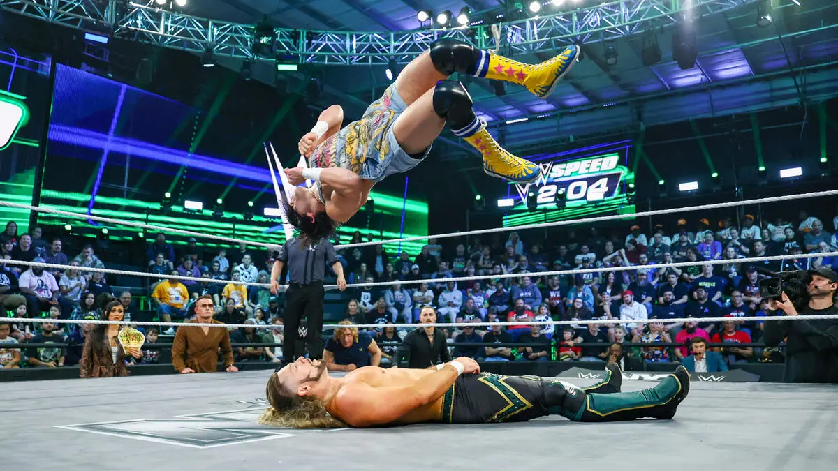 A graphic of the WWE Speed match on April 7, 2026, episode of NXT