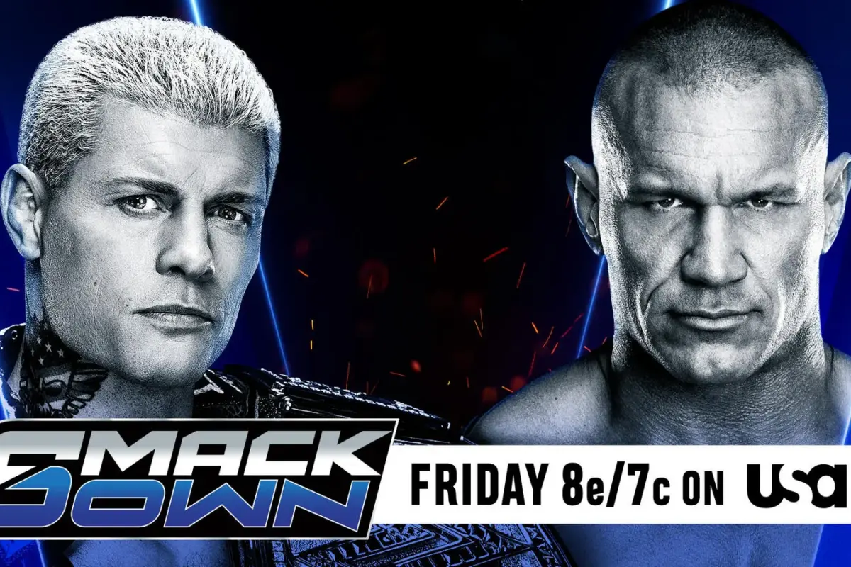 A WWE SmackDown results graphic for April 3, 2026, live from St. Louis, Missouri, featuring Randy Orton and Undisputed WWE Champion Cody Rhodes.