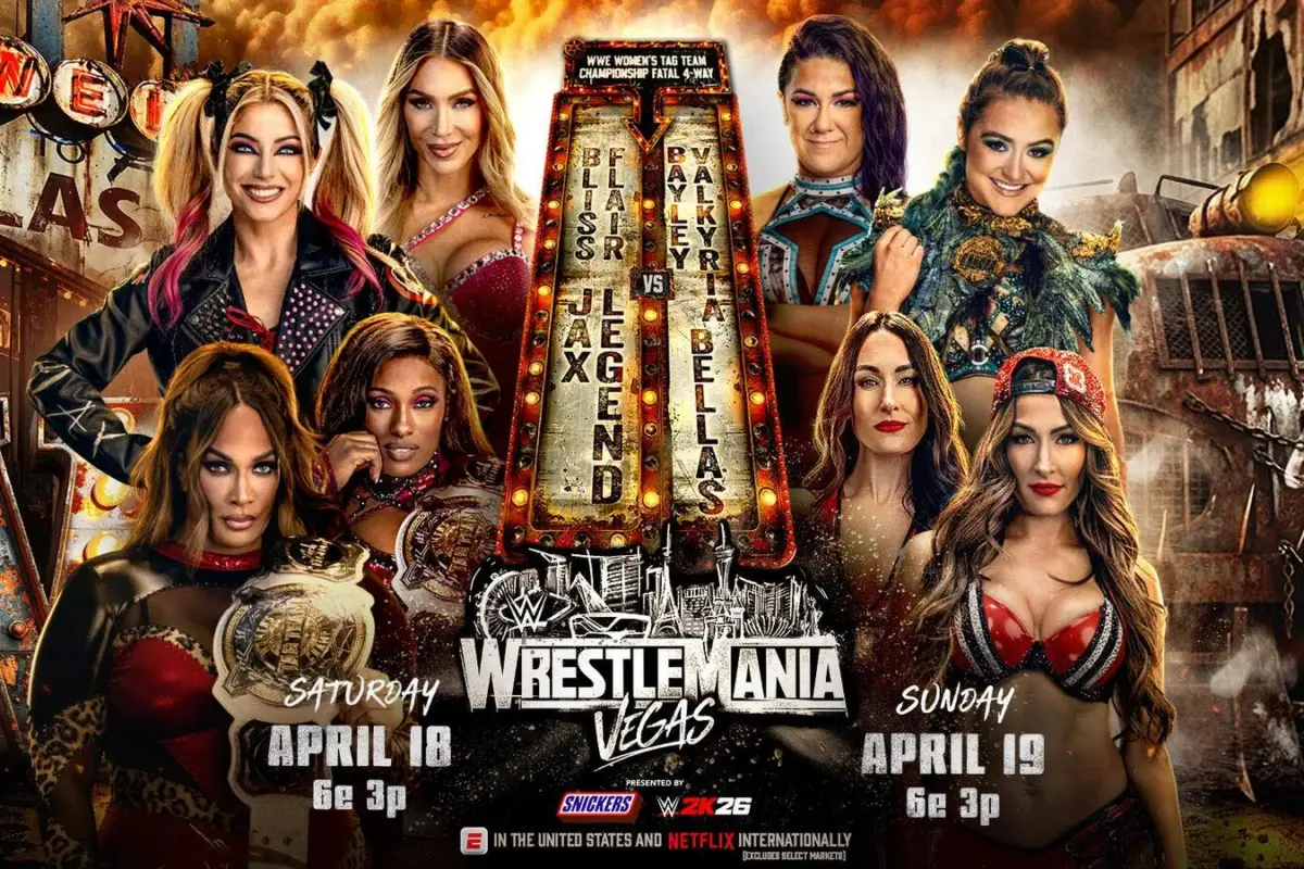 A graphic of the WWE Women's Tag Team Title Match at WrestleMania 42.