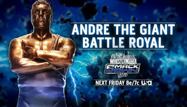 A WWE SmackDown results graphic for April 17, 2026, the night before WrestleMania 42 featuring the Andre the Giant Battle Royal. trophy