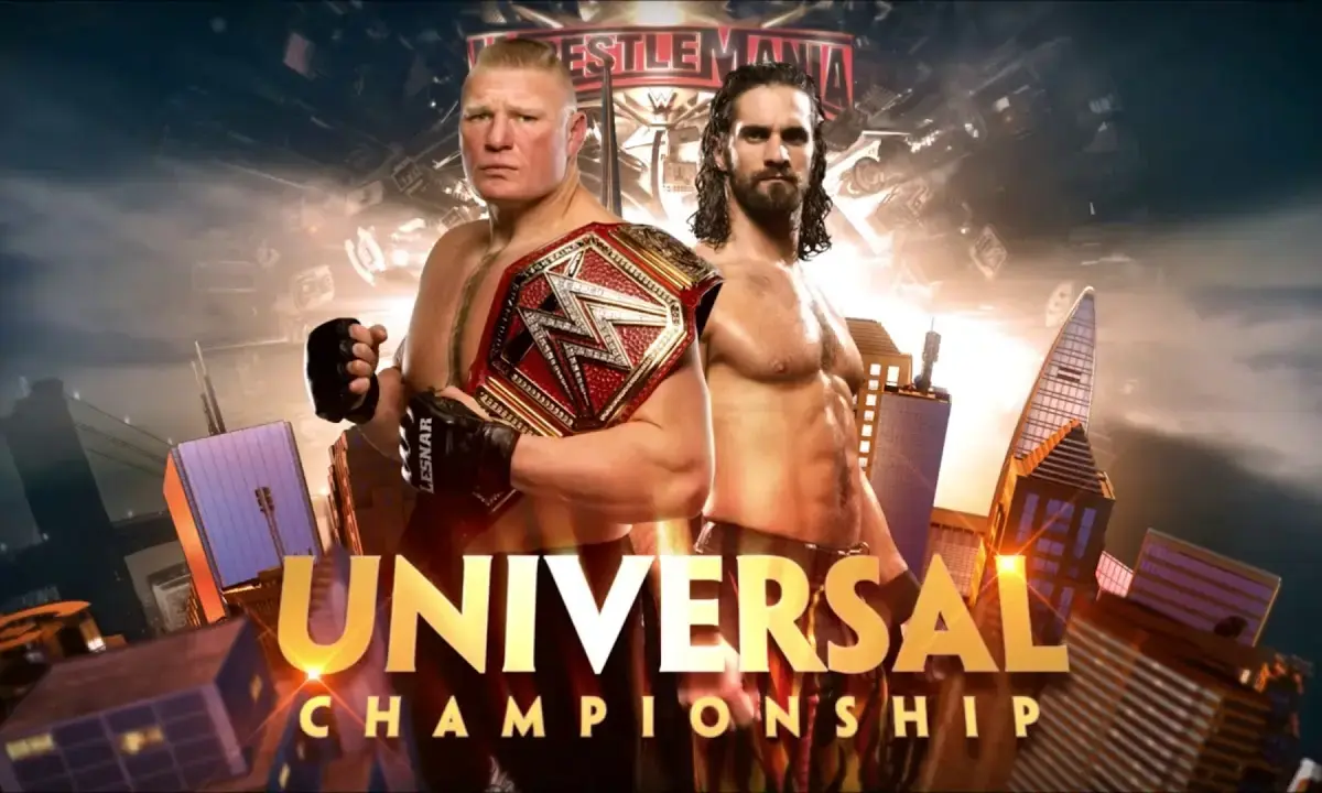 A WWE WrestleMania graphic featuring Brock Lesnar.