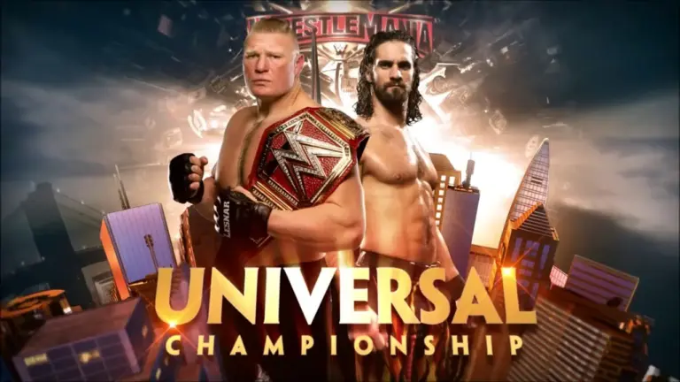 A WWE WrestleMania graphic featuring Brock Lesnar.