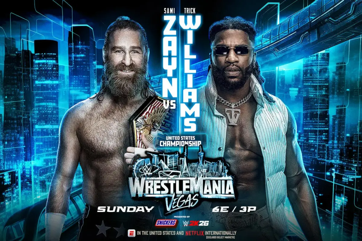 A WWE WrestleMania 42 graphic featuring Trick Williams and Sami Zayn side-by-side.