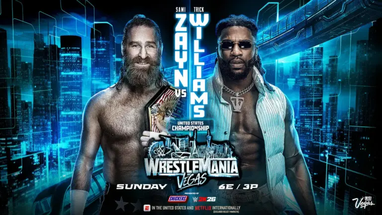 A WWE WrestleMania 42 graphic featuring Trick Williams and Sami Zayn side-by-side.