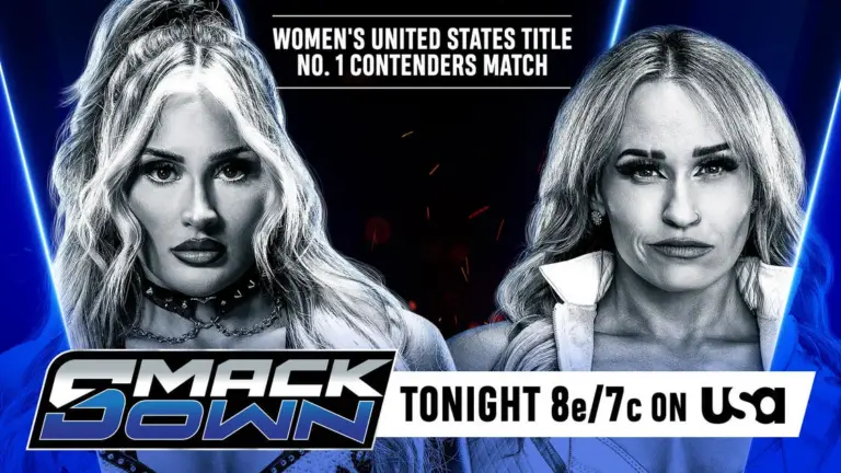 WWE SmackDown match graphic featuring Tiffany Stratton and Jordynne Grace, who's competing for the number one contender's slot for the Women's United States Championship.