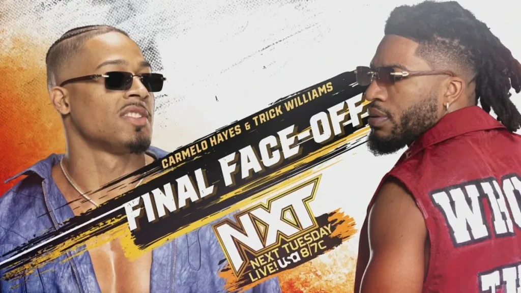 NXT Graphic including Carmelo Hayes and Trick Williams advertised for the final face-off.