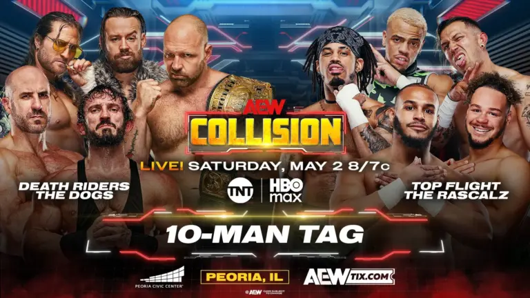 AEW Collision results poster that features a 10-Man Tag Team match for the May 2nd, 2026 episode.