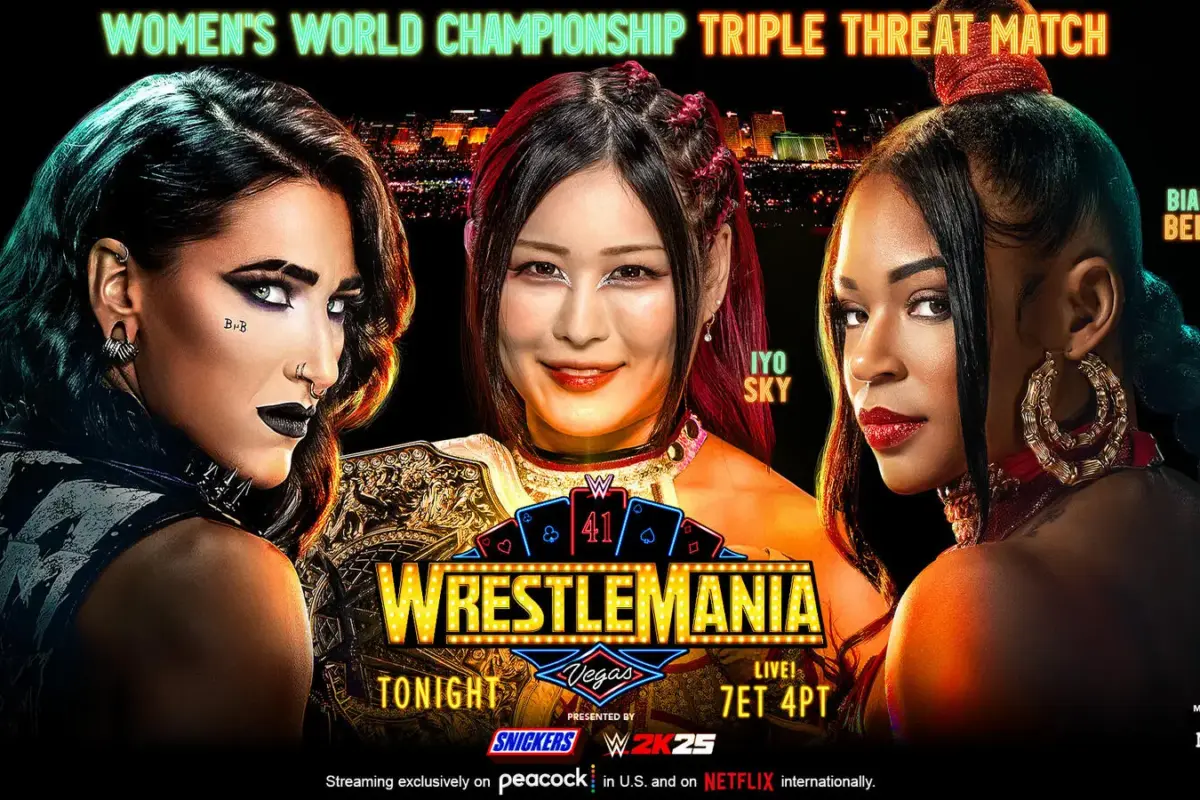 A WWE WrestleMania opening match graphic from 41.