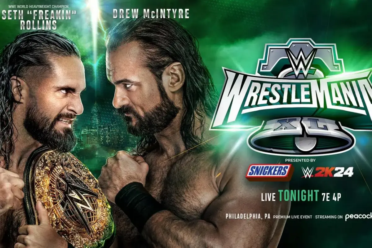 A WWE WrestleMania graphic featuring Drew McIntyre.