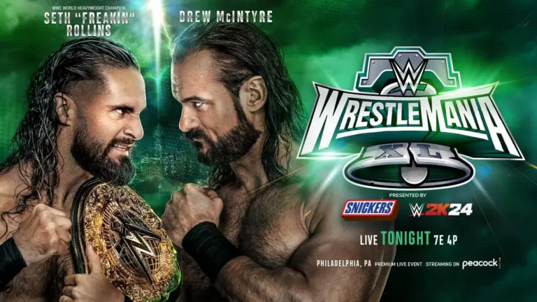 A WWE WrestleMania graphic featuring Drew McIntyre.