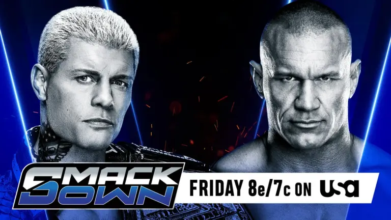 A WWE SmackDown results graphic for April 3, 2026, live from St. Louis, Missouri, featuring Randy Orton and Undisputed WWE Champion Cody Rhodes.