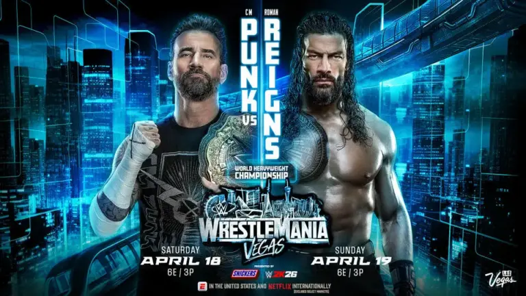 A WWE WrestleMania 42 match poster featuring CM Punk and Roman Reigns standing side-by-side