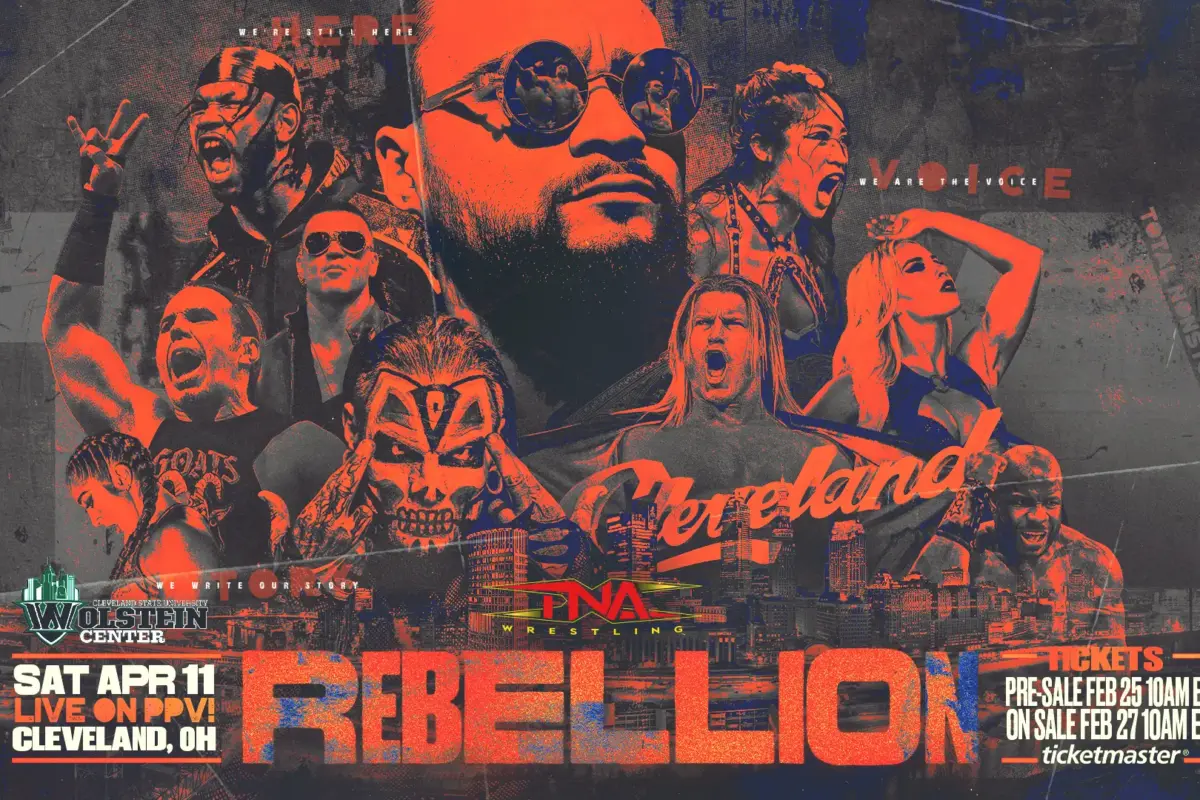 A graphic of TNA Rebellion 2026, live on TNA+