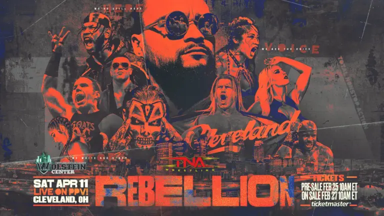 A graphic of TNA Rebellion 2026, live on TNA+