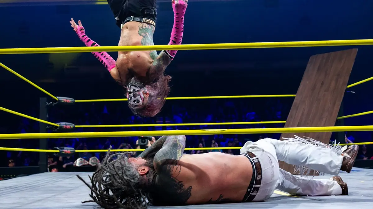 Jeff Hardy hitting a Swanton Bomb on Vincent on the April 9, 2026, episode of TNA Thursday Night iMPACT