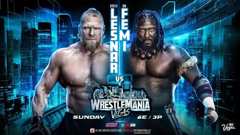 WWE WrestleMania 42 graphic featuring Oba Femi and Brock Lesnar
