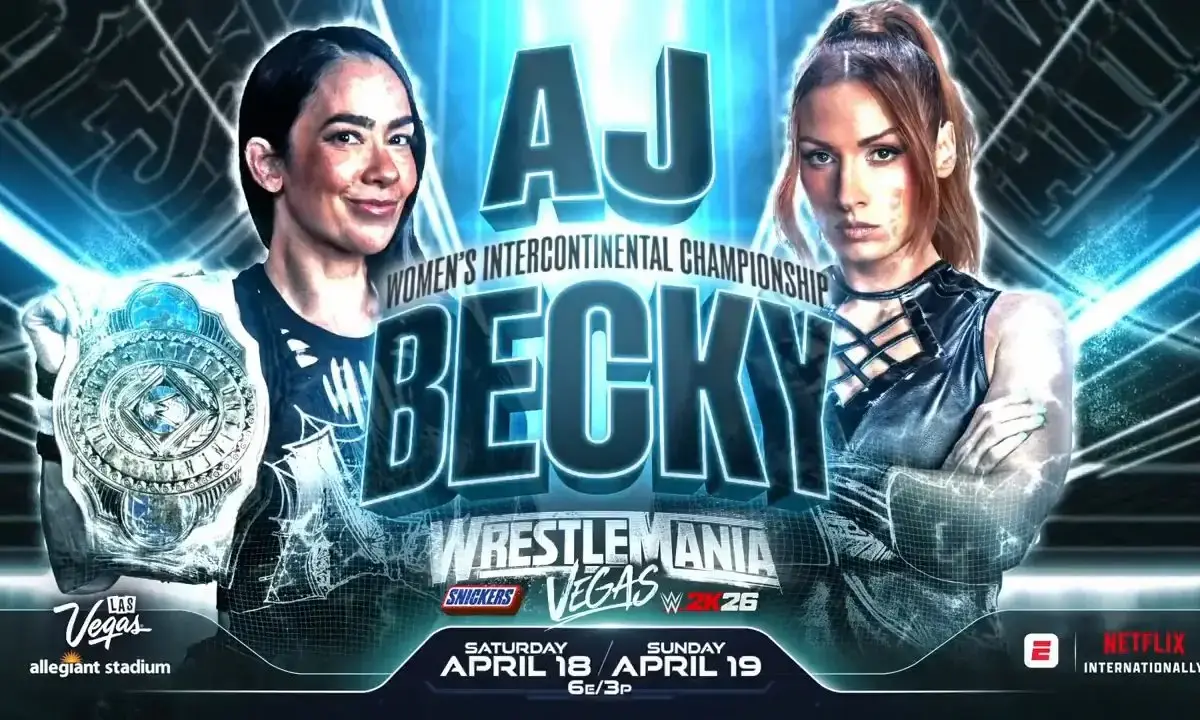 WWE WrestleMania 42 poster featuring Women's Intercontinental Champion AJ Lee and Becky Lynch for night 1, April 18, 2026.