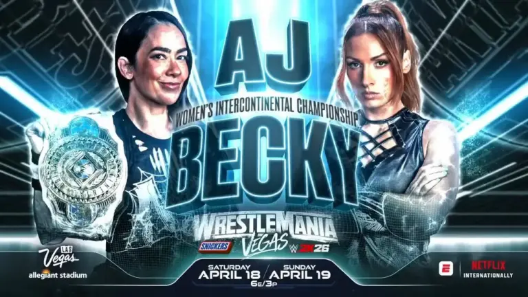 WWE WrestleMania 42 poster featuring Women's Intercontinental Champion AJ Lee and Becky Lynch for night 1, April 18, 2026.