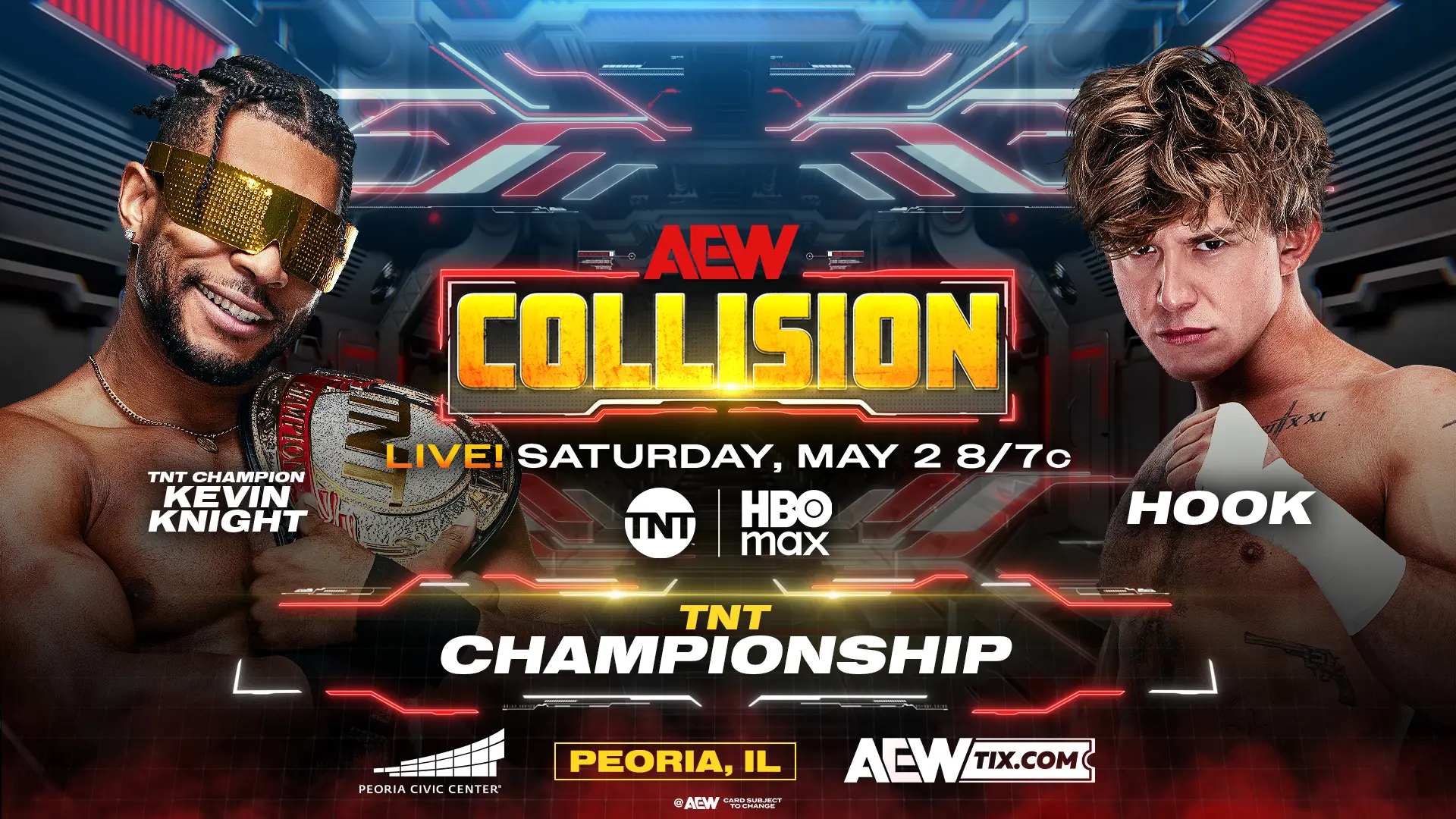 An AEW Collision graphic of TNT Champion Kevin Knight vs. Hook.